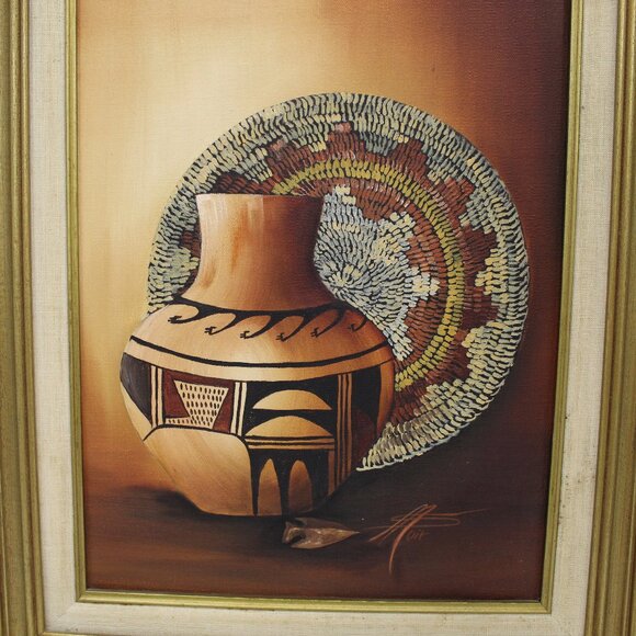 Mid-Century Native American Inspired Basket & Pottery Oil Painting Canvas Signed - Picture 2 of 8